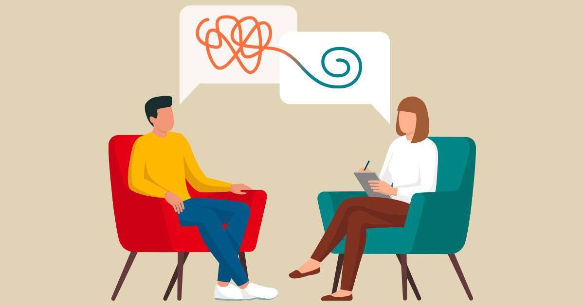 Illustration of a therapist and patient talking together. She is helping him to cope with a stressful situation.
