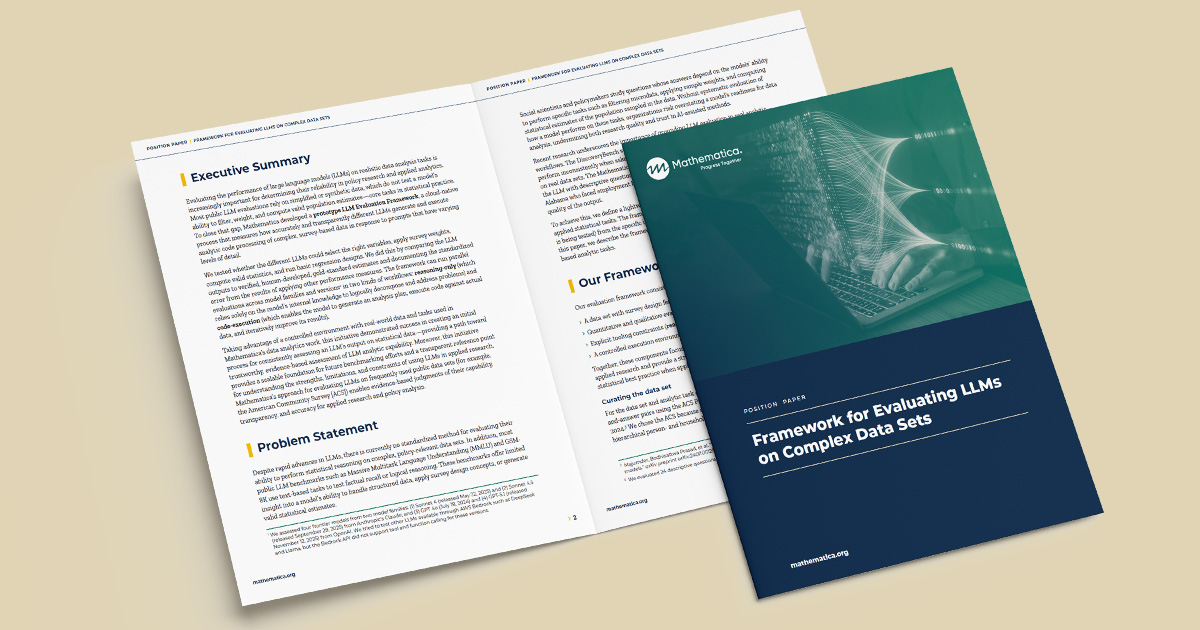Angled mockup of a Mathematica position paper titled ‘Framework for Evaluating LLMs on Complex Data Sets,’ showing the teal-and-navy cover with abstract network lines over hands on a laptop alongside open pages labeled ‘Executive Summary’ and ‘Problem Statement.’