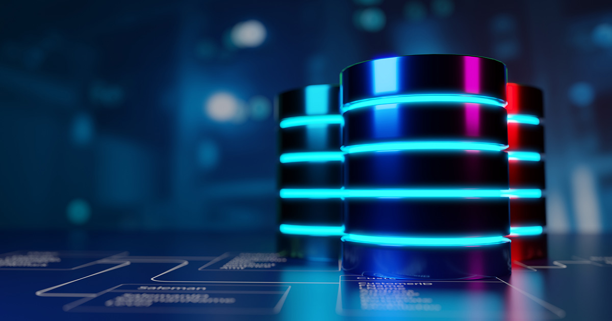 concept photo of a database with server room in the background