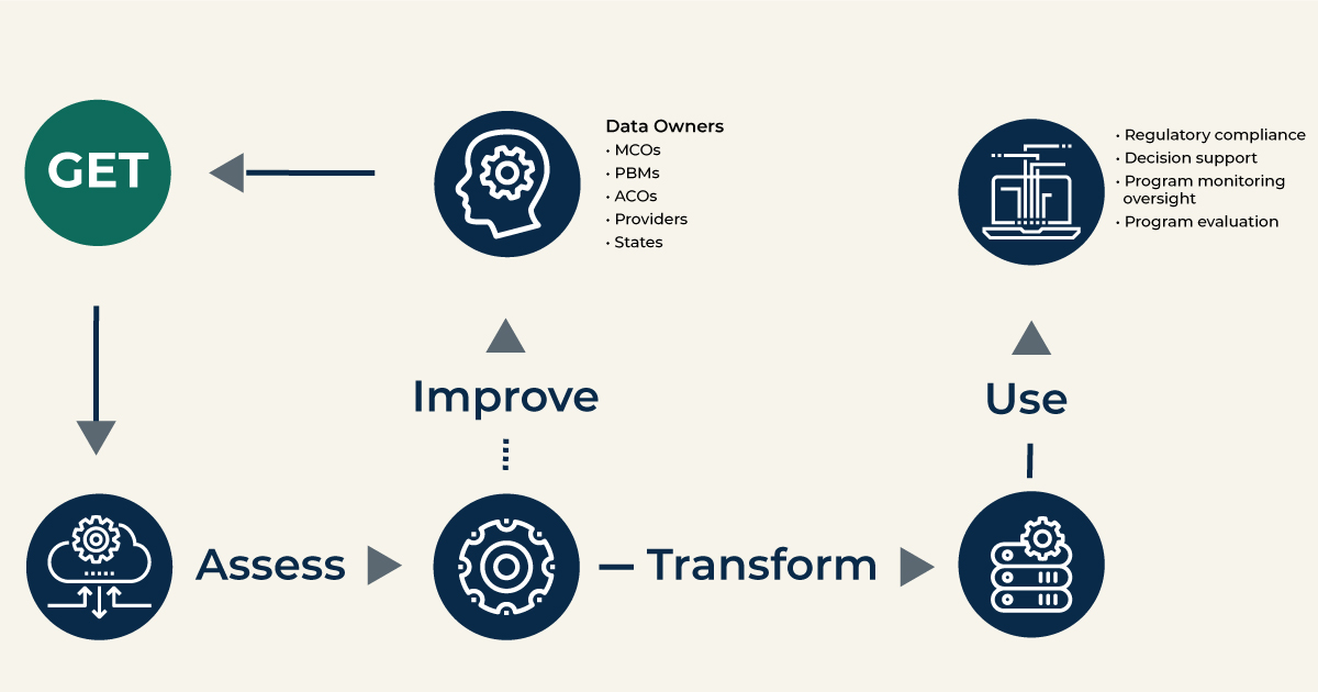 Flow chart for data improvement process: get, assess, improve, transform, use.